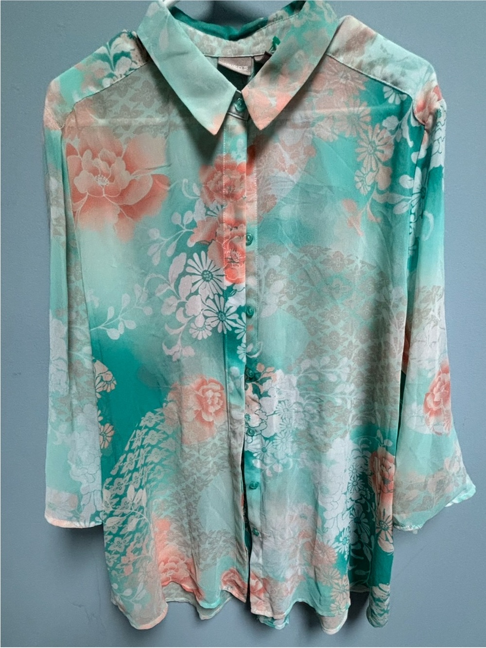 Chico’s Sheer Floral Button Down Blouse Mint Aqua Peach Orange XL ( Chico’s 3 )